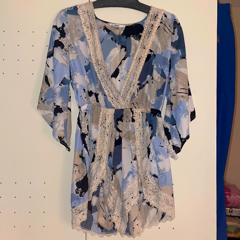 Papaya Blue Watercolor Print Lace Trim Romper 💙